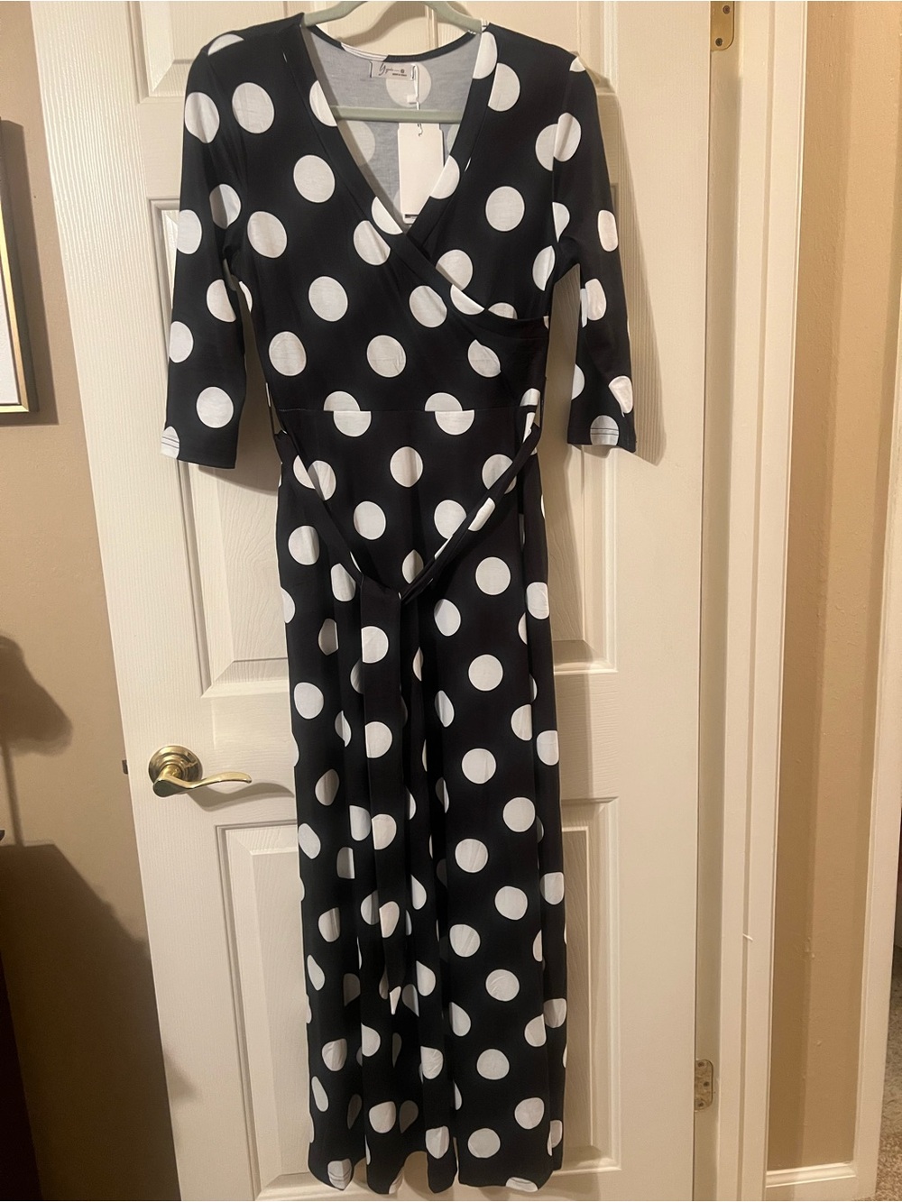 NWT Classic Black & White Polka Dot 3/4 Sleeve Maxi Dress w Pockets Size Small - Picture 6 of 12